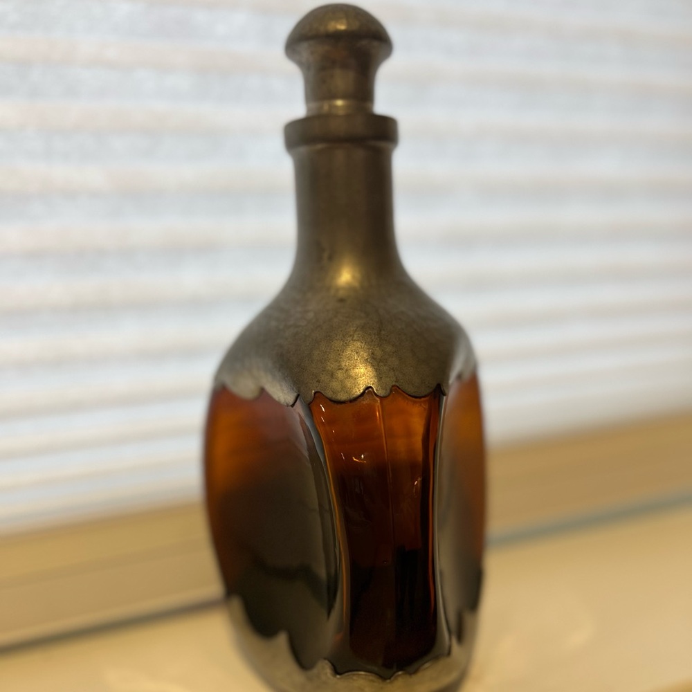 Vintage 70s Hammered Royal Holland Pewter Pinched Amber Glass Triangle Decanter